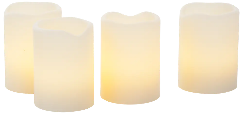 Fyra flamfria LED-ljus med realistisk vaxfinish, varmvit glöd och slät cylindrisk form. Säkert alternativ till vanliga ljus för hem eller fest.