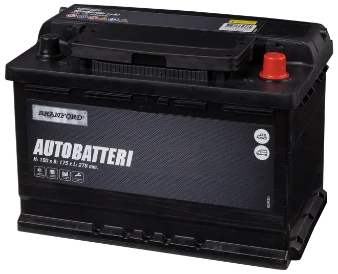 Branford bilbatteri, sort rektangulært design, mærket "AUTOBATTERI". Mål: 190 x 175 x 278 mm. Med topterminaler, robust kabinet, egnet til biler.