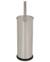 Toiletbørsteholder i rustfrit stål med cylinderform, matchende låg og langt håndtag. Elegant, moderne design med sort skridsikker bund for stabilitet.