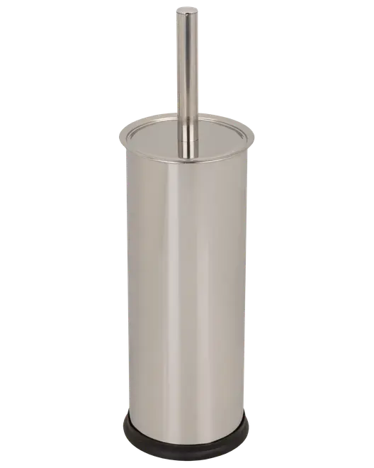 Toiletbørsteholder i rustfrit stål med cylinderform, matchende låg og langt håndtag. Elegant, moderne design med sort skridsikker bund for stabilitet.