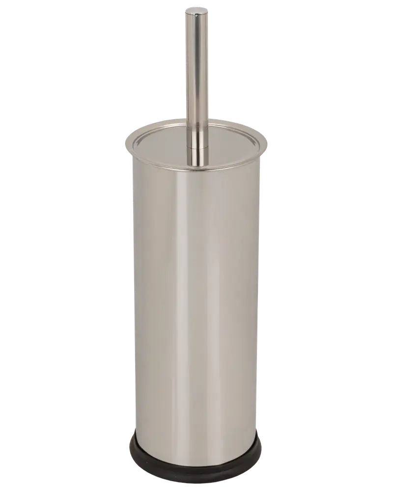 Toiletbørsteholder i rustfrit stål med cylinderform, matchende låg og langt håndtag. Elegant, moderne design med sort skridsikker bund for stabilitet.