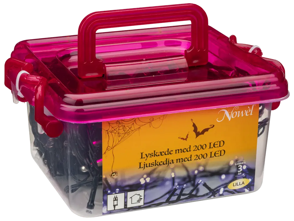 Låda med 200 lila LED-ljusslingor för inomhusbruk, förpackad i klar plastbehållare med rosa lock och handtag, passar dekoration, tre års garanti ingår.