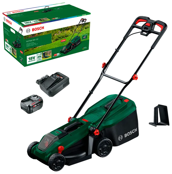 Bosch ledningsfri plæneklipper i grøn og sort, inkluderer 18V batteri, oplader, græsopsamler og håndtag. Velegnet til små og mellemstore græsplæner. Let og kompakt.