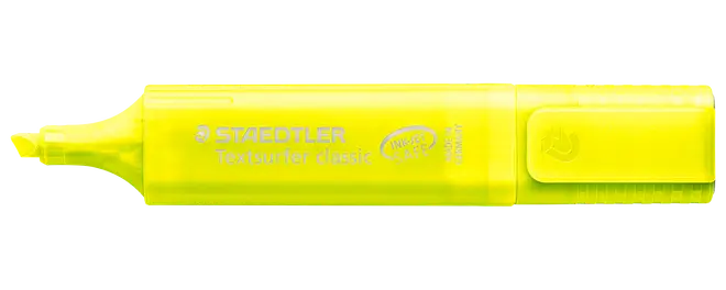 Gul STAEDTLER Textsurfer Classic overstregningstusch med mejselspids og hætte, vist vandret.