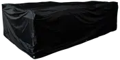 Sort, rektangulær udendørs møbelovertræk i vandtæt materiale. Beskytter borde eller sofaer mod vejr. Forstærkede syninger og tilpassede hjørner for sikker pasform.