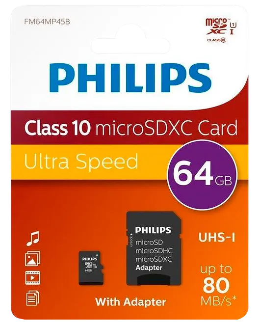 PHILIPS Micro SDXC kort - 64GB med SD adapter