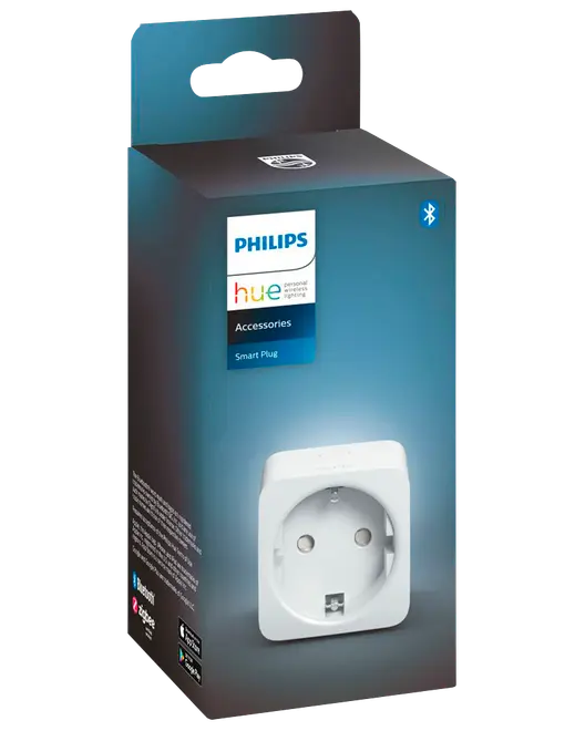 Philips Hue Smart Plug emballage, hvidt Bluetooth-tilbehør til smart styring af hjemmebelysning.