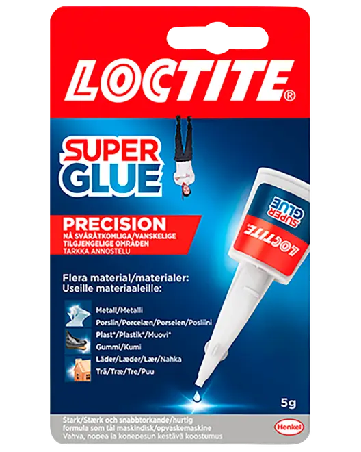 Loctite Super Glue Precision 5 g pakke med præcisionsspids til metal, porcelæn, plast, gummi, læder og træ.