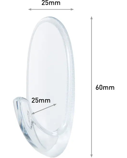 Klar plastkrok med självhäftande baksida, oval form, 60 mm hög, 25 mm bred, 25 mm djup. Passar för lätta föremål. Diskret, minimalistisk design.