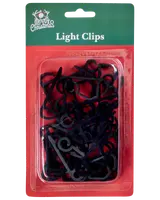 Pakke med sorte plastikklemmer til fastgørelse af julelys, leveret i klar blisterpakning med festligt design. Velegnet til brug både inde og ude på forskellige overflader.