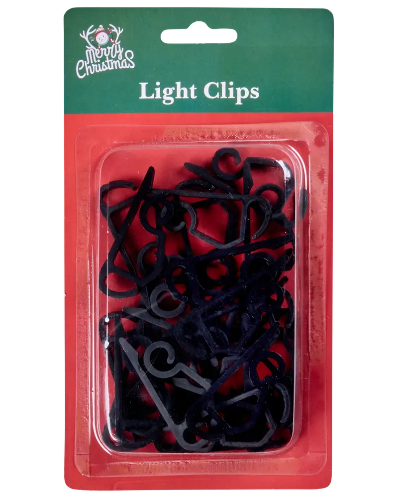 Pakke med sorte plastikklemmer til fastgørelse af julelys, leveret i klar blisterpakning med festligt design. Velegnet til brug både inde og ude på forskellige overflader.