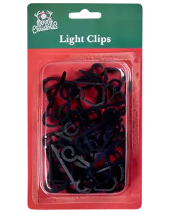 Pakke med sorte plastikklemmer til fastgørelse af julelys, leveret i klar blisterpakning med festligt design. Velegnet til brug både inde og ude på forskellige overflader.