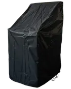 Svart vattentätt överdrag för utemöbler, tillverkat av slitstarkt material. Rektangulär form med lutande topp, skyddar stolar eller små bord mot väder och damm.