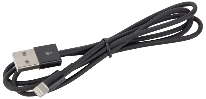 Svart USB till Lightning laddningskabel, cirka 1 meter lång. Har USB-A-kontakt i ena änden och Lightning-kontakt i andra. Passar Apple-enheter.
