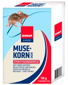 Borup Expert musekorn, 120g, til effektiv bekæmpelse af mus. Pakken har billede af en mus, rød, blå og hvidt design samt produktinformation på dansk.