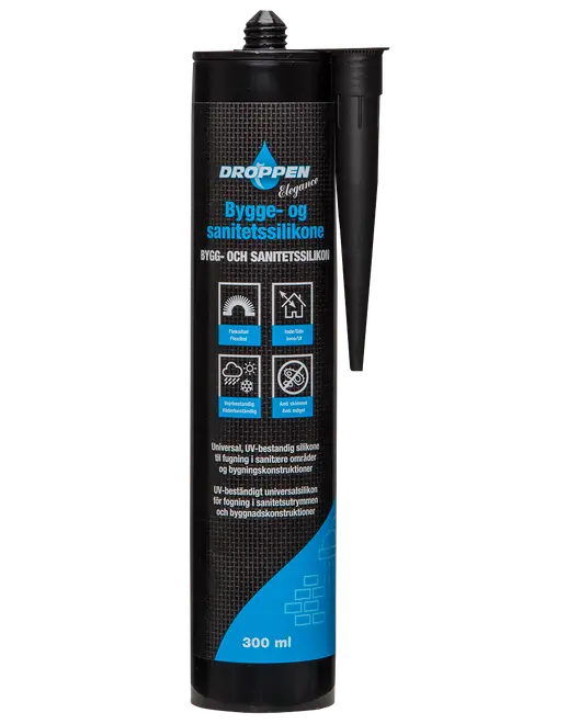300 ml sort tube Droppen bygge- og sanitets silikone, med dyse. Velegnet til indendørs og udendørs brug, UV-bestandig, til fugning i sanitære og bygningsområder.