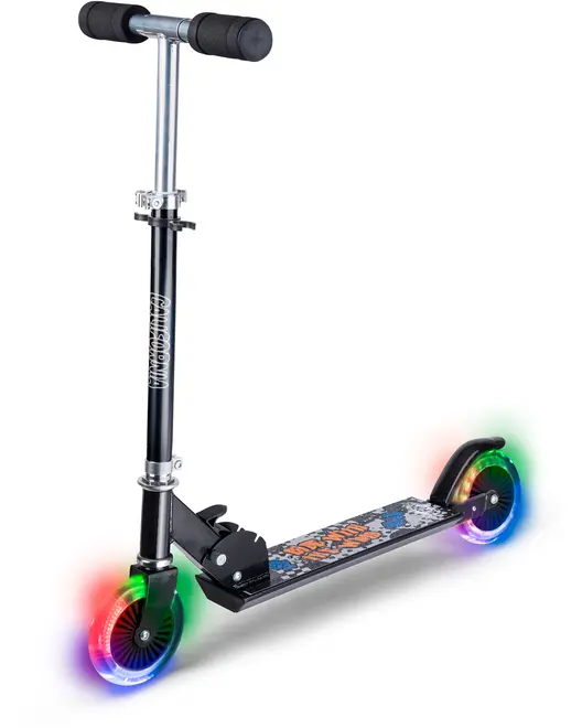 Sort løbehjul med justerbart styr, skumhåndtag og LED-lysende hjul. Dækket har farverigt grafisk design. Velegnet til børn og udendørs brug.