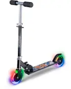 Sort løbehjul med justerbart styr, skumhåndtag og LED-lysende hjul. Dækket har farverigt grafisk design. Velegnet til børn og udendørs brug.