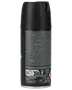 Sort cylindrisk spraydeodorant, 150 ml, med mat finish og detaljeret produktinformation bagpå. Har spraydyse og vegansk certificeringssymbol nederst.
