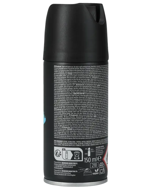 Sort cylindrisk spraydeodorant, 150 ml, med mat finish og detaljeret produktinformation bagpå. Har spraydyse og vegansk certificeringssymbol nederst.