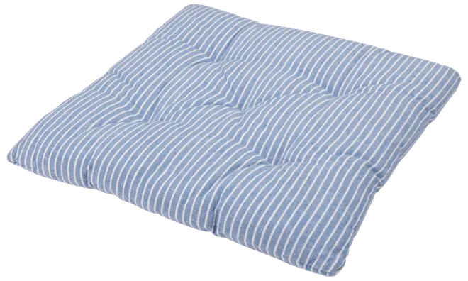 Kvadratisk dyna med blå och vita vertikala ränder, vadderad och sydd för extra komfort. Passar till stolar eller bänkar, ger stöd och dekorativ stil.