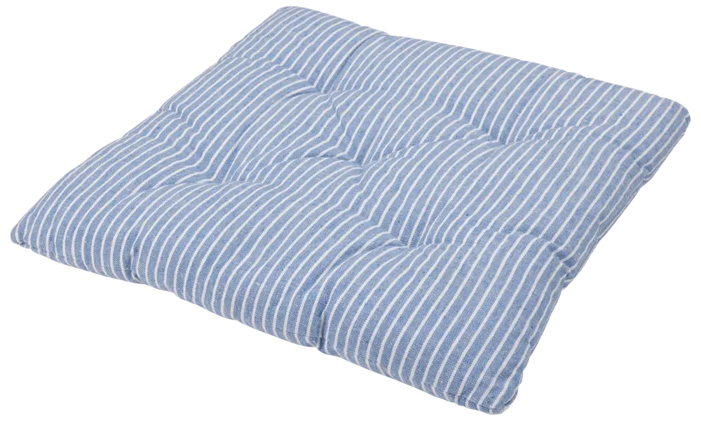 Kvadratisk dyna med blå och vita vertikala ränder, vadderad och sydd för extra komfort. Passar till stolar eller bänkar, ger stöd och dekorativ stil.