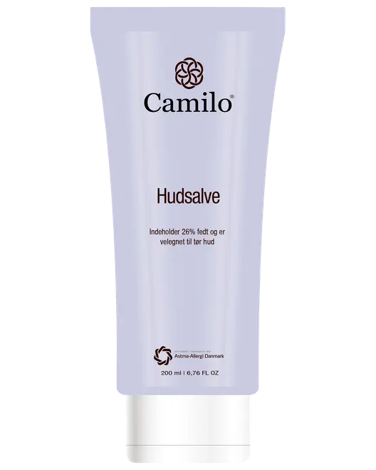 Camilo hudsalve i 200ml tube, indeholder 26% fedt, velegnet til tør hud, allergivenlig, lyse lilla emballage med hvidt låg.