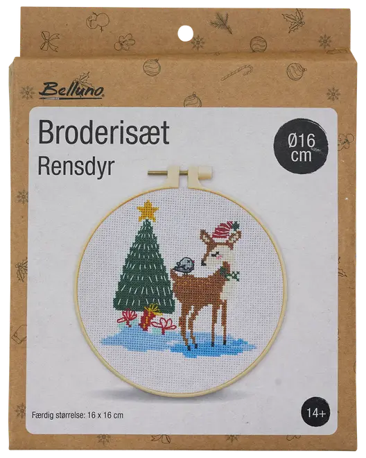 Broderisats med motiv av ren, julgran med stjärna, paket och fåglar. Inkluderar 16 cm ram. Färdig storlek 16 x 16 cm. För 14+ år.