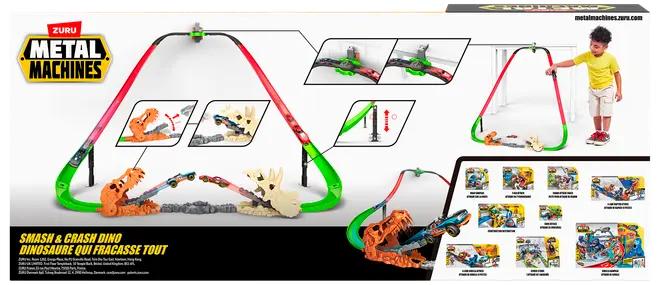 Metal Machines Smash & Crash Dino legesæt med loop-bane, dinosaur-kranie forhindringer, affyrer og legebil. Farverig grøn og rød bane til racerløb og kollisioner.