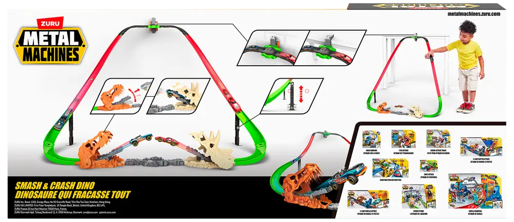 Metal Machines Smash & Crash Dino lekset med loopbana, dinosauriekranium-hinder, startanordning och leksaksbil. Färgglad grön och röd bana för racing och krasch.