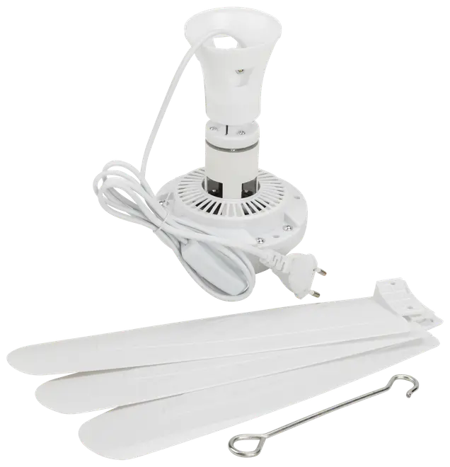 Bærbart loftventilatorsæt med hvid motorenhed, fire aftagelige blade, strømkabel med stik og metalophængskrog. Velegnet til nem installation i promises forskellige rum.