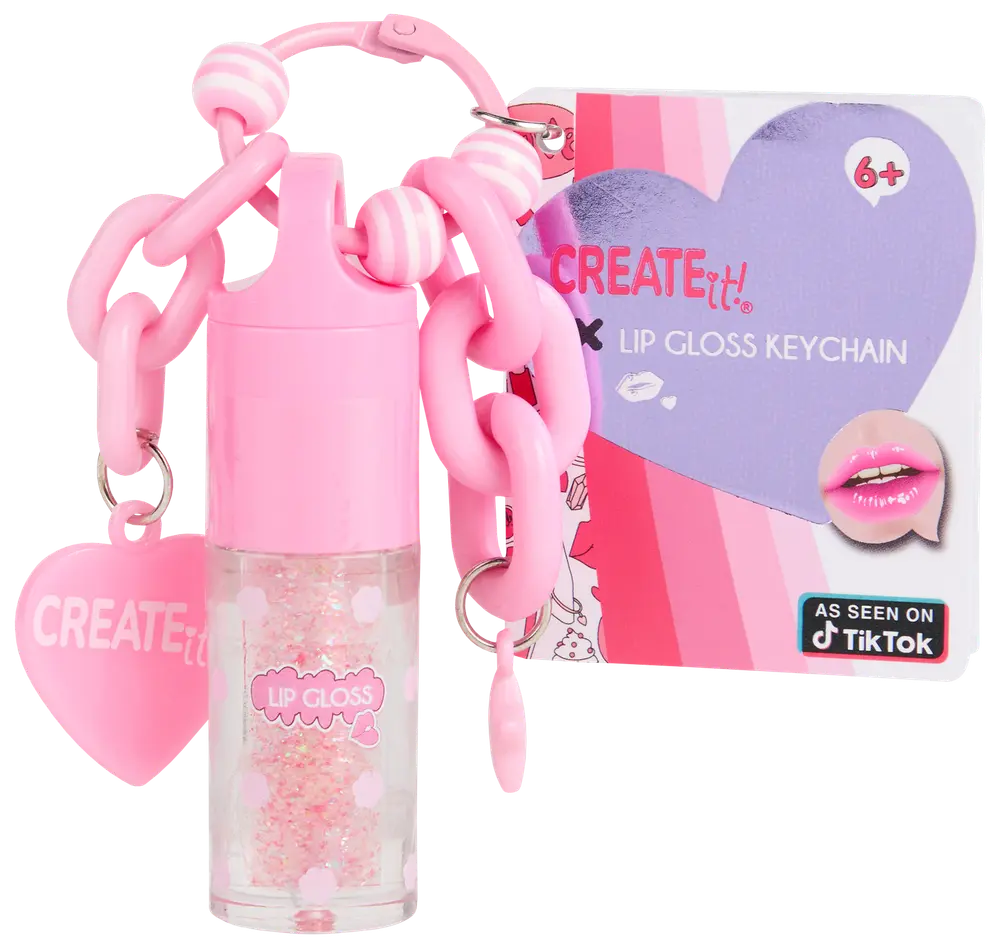 Lyserød lipgloss-nøglering med kraftig kæde, hjertevedhæng og glitrende gloss. Inkluderer emballage med hjertedesign, egnet til børn fra 6 år. Kompakt og bærbar.