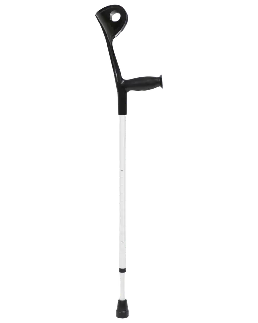 Justerbar albuestok med ergonomisk sort håndtag og manchet, let aluminiumskaft og skridsikker gummifod. Designet til støtte og komfort ved gang.