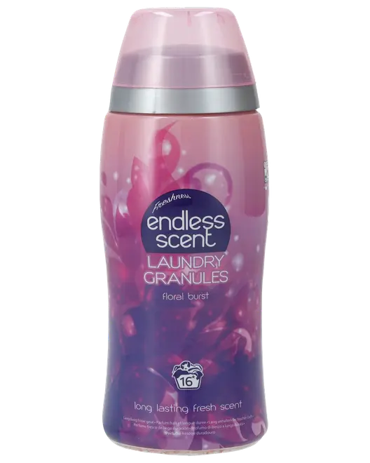 Lyserød flaske Endless Scent Laundry Granules, blomsterduft, til 16 vaske, lilla låg. Giver langvarig frisk duft til vasketøj. Dekorativt blomsterdesign på etiketten.