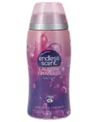 Lyserød flaske Endless Scent Laundry Granules, blomsterduft, til 16 vaske, lilla låg. Giver langvarig frisk duft til vasketøj. Dekorativt blomsterdesign på etiketten.