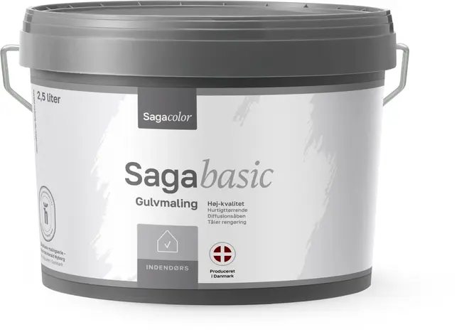2,5 liters plastikspand med Sagacolor Saga Basic gulvmaling til indendørs brug, gråt låg og hank. Høj kvalitet, hurtigtørrende, vaskbar, produceret i Danmark.