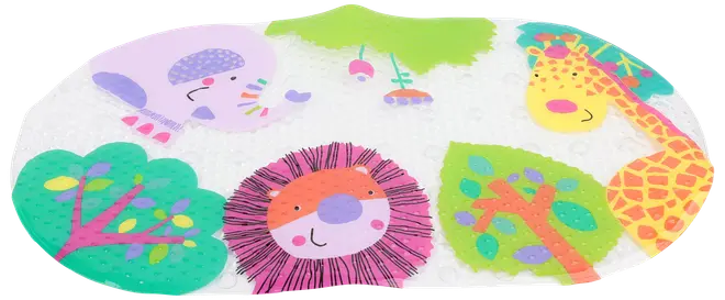Oval badmatta med färgglada tecknade djur (lejon, elefant, giraff) och träd. Halkfri yta, lekfull design, passar barnbadrum. Tillverkad av genomskinligt material med tryckta illustrationer.