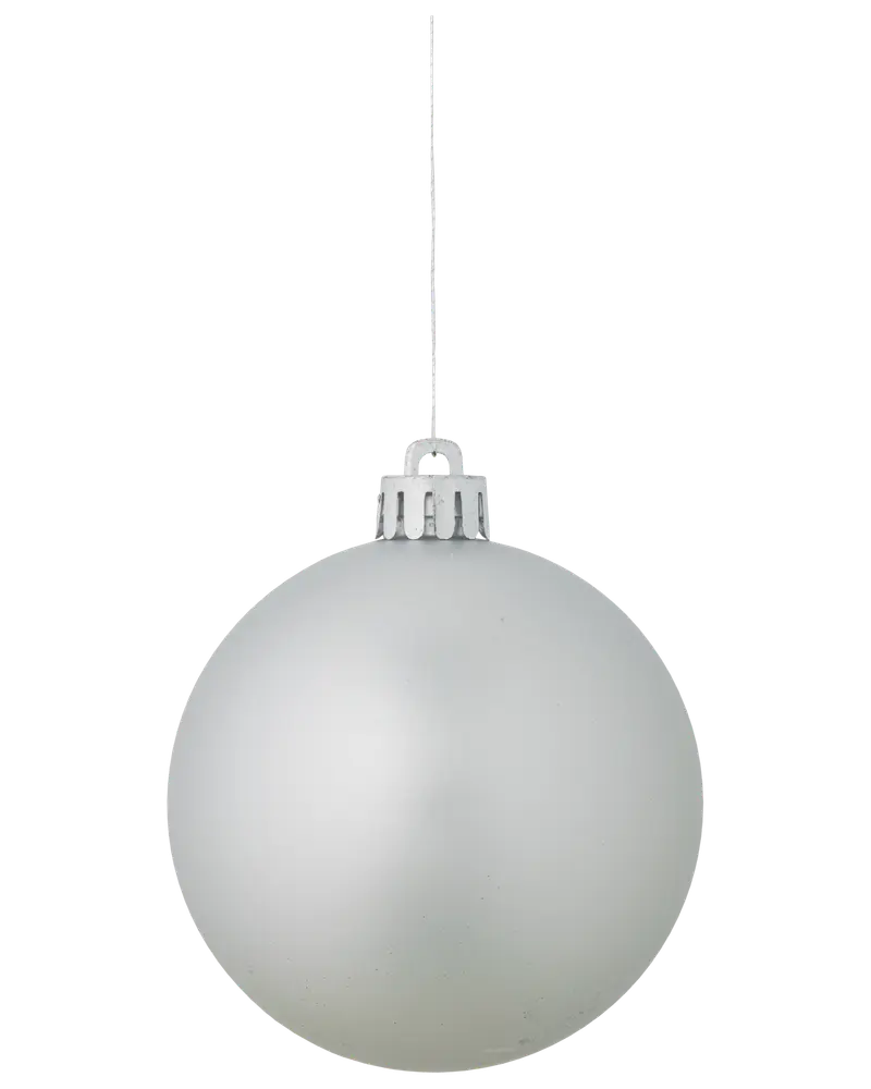 Matt silver julgranskula med slät, rund yta, metallfäste och upphängningssnöre. Enkel och elegant design. Diameter cirka 8 centimeter.