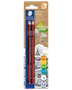 Förpackning med två STAEDTLER Tradition jumbo 2B-pennor tillverkade av återvunnet trä, med röda och svarta skaft, för skrivning och teckning.