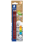 Pakke med to STAEDTLER Tradition jumbo 2B blyanter lavet af genanvendt træ, med røde og sorte skaft, velegnet til skrivning og tegning.