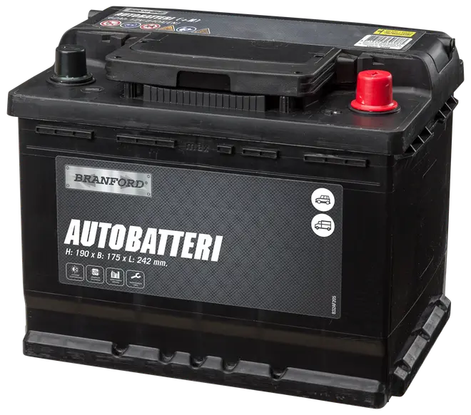 Sort Branford autobatteri med mærkede poler, bærehåndtag og specifikationer: højde 190 mm, bredde 175 mm, længde 242 mm. Velegnet til biler, robust plastkabinet.