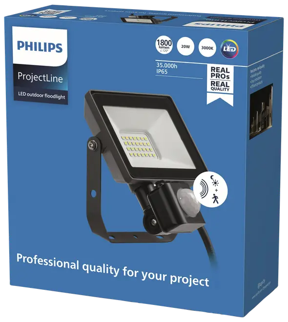 Philips ProjectLine LED udendørs projektør, 20W, 1800 lumen, 3000K varm hvid, med bevægelsessensor, IP65 vandtæt, sort metalhus, egnet til professionelle udendørsprojekter.