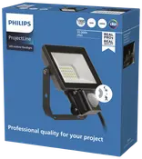 Philips ProjectLine LED udendørs projektør, 20W, 1800 lumen, 3000K varm hvid, med bevægelsessensor, IP65 vandtæt, sort metalhus, egnet til professionelle udendørsprojekter.