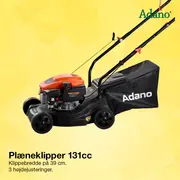 Adano plæneklipper med græsopsamler, sort stel og orange motorhus.