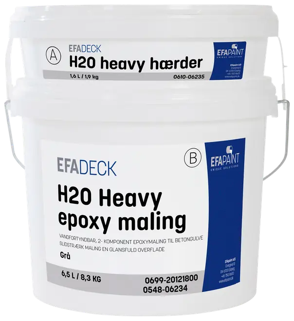 To hvide spande med EFADECK H2O Heavy epoxy maling og hærder, 6,5L og 1,6L, til betongulve. Slidstærk, vandfortyndbar, grå farve, egnet til belastede overflader.