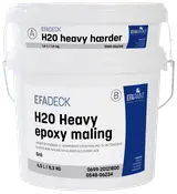 To hvide spande med EFADECK H2O Heavy epoxy maling og hærder, 6,5L og 1,6L, til betongulve. Slidstærk, vandfortyndbar, grå farve, egnet til belastede overflader.