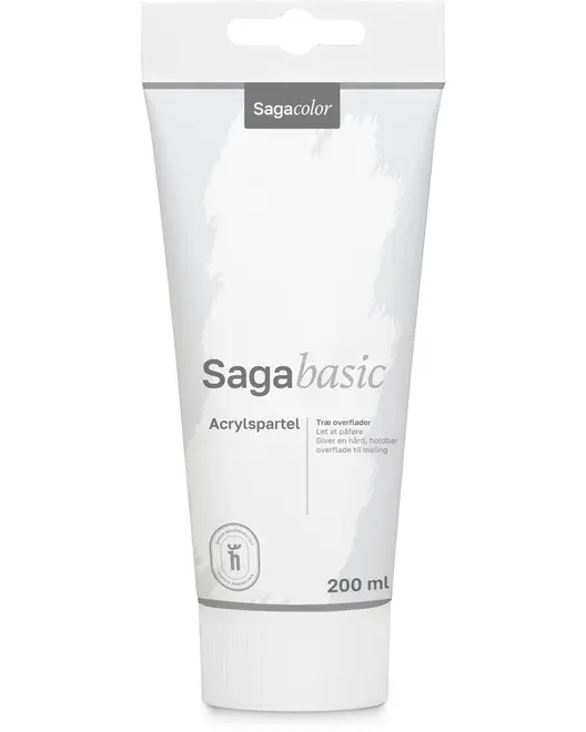 Tube med Sagacolor Sagabasic akrylspartel, 200 mL, til træoverflader. Hvid emballage med grå tekst, genlukkelig hætte, giver hård, holdbar overflade til maling.