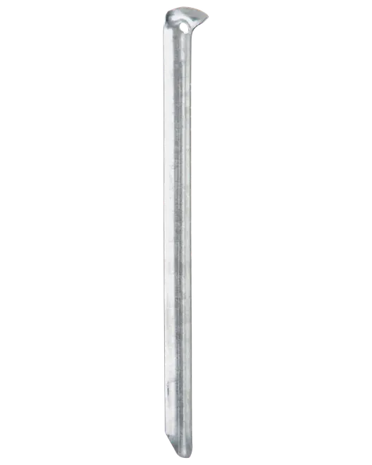 Galvaniseret stålhegnspæl, rund, med spids ende til nem jordmontering og flad top med lille hul til fastgørelse af hegnsmaterialer.