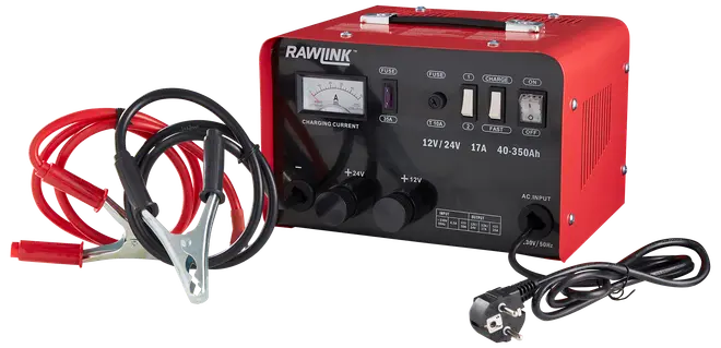 RAWLINK batterioplader i rød og sort med analogt display, kontrolknapper, kontakter, strømkabel og røde/sorte klemmer til 12V/24V batterier, velegnet til biler.