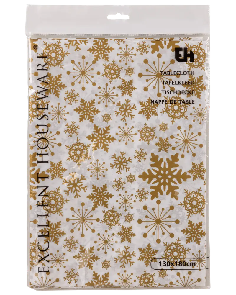 Plastduk, 130x180 cm, med festligt guldigt snöflingemönster på vit bakgrund. Passar till vinter- eller högtidsdukning. Förpackad i genomskinlig plastpåse.